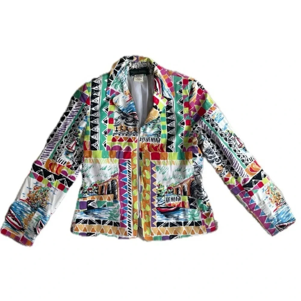 HARVE BENARD by BENARD HOLTZMAN Multi Prints Zip Blazer Jacket 10 Long Sleeves